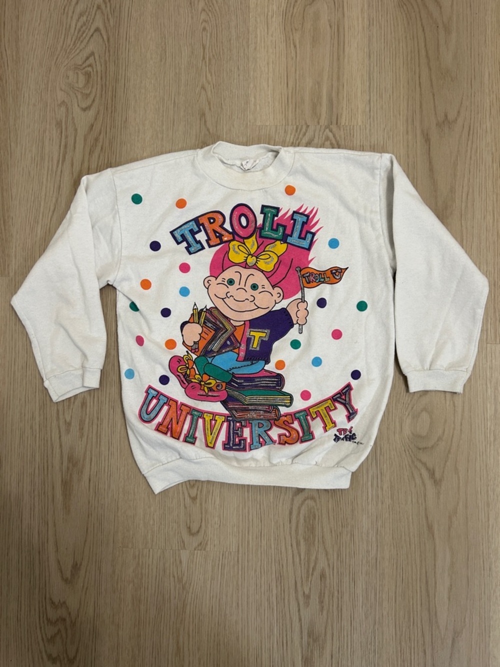 VTG 1992 Kids Troll University White Graphic Crewneck Sweatshirt
